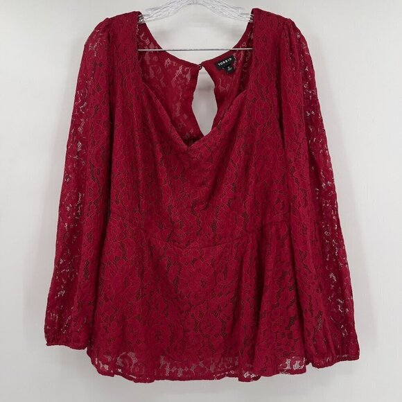 Torrid Plus Women's Peplum Lace Long Sleeve Lined Red Top 2X - Picture 2 of 10